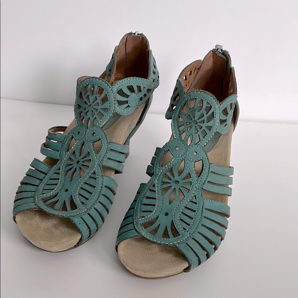 Earthies Blue Sandals with Laser-Cut Design Wedge